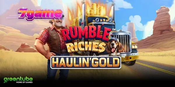 Caminhão de carga em uma estrada desértica representando o tema de Rumble Riches Haulin Gold